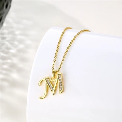 Stainless Steel Titanium Steel 18K Gold Plated Fashion Plating Inlay letter Zircon Pendant Necklace