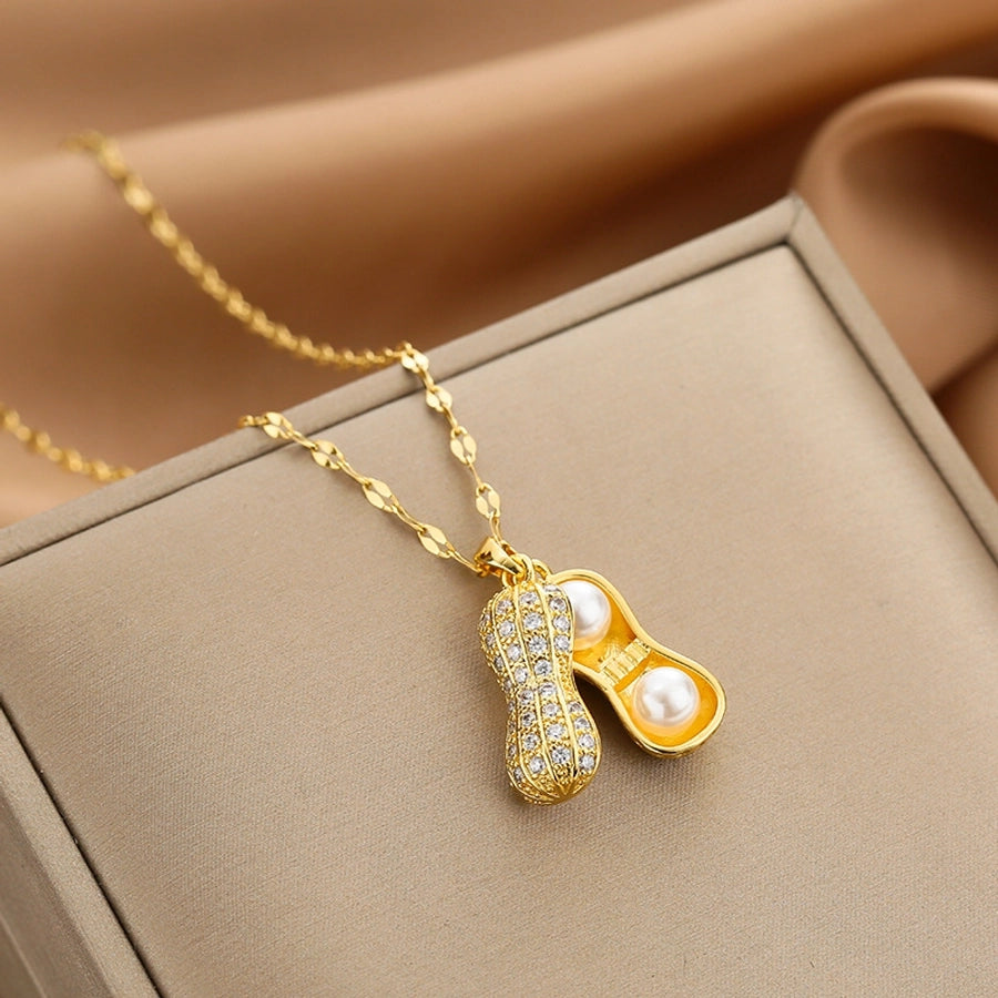 Fashion Heart Shape Peanut Windmill 304 Stainless Steel Copper Plating Inlay 18K Gold Plated White-Plated K Zircon Pendant Necklace