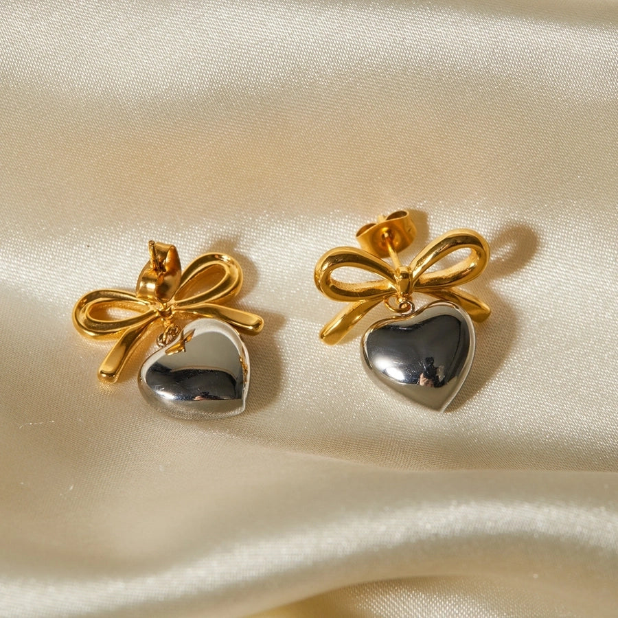 1 Pair Elegant Simple Style Heart Shape Bow Knot Plating 304 Stainless Steel 18K Gold Plated Drop Earrings