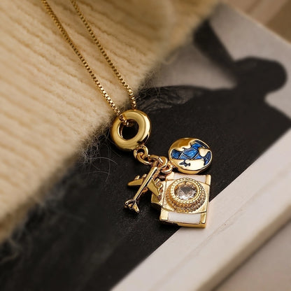 vacation streetwear earth airplane copper 18k gold plated zircon pendant necklace in bulk