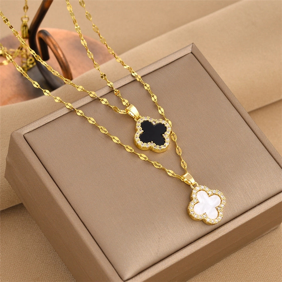 fashion four leaf clover titanium steel inlay rhinestones shell necklace