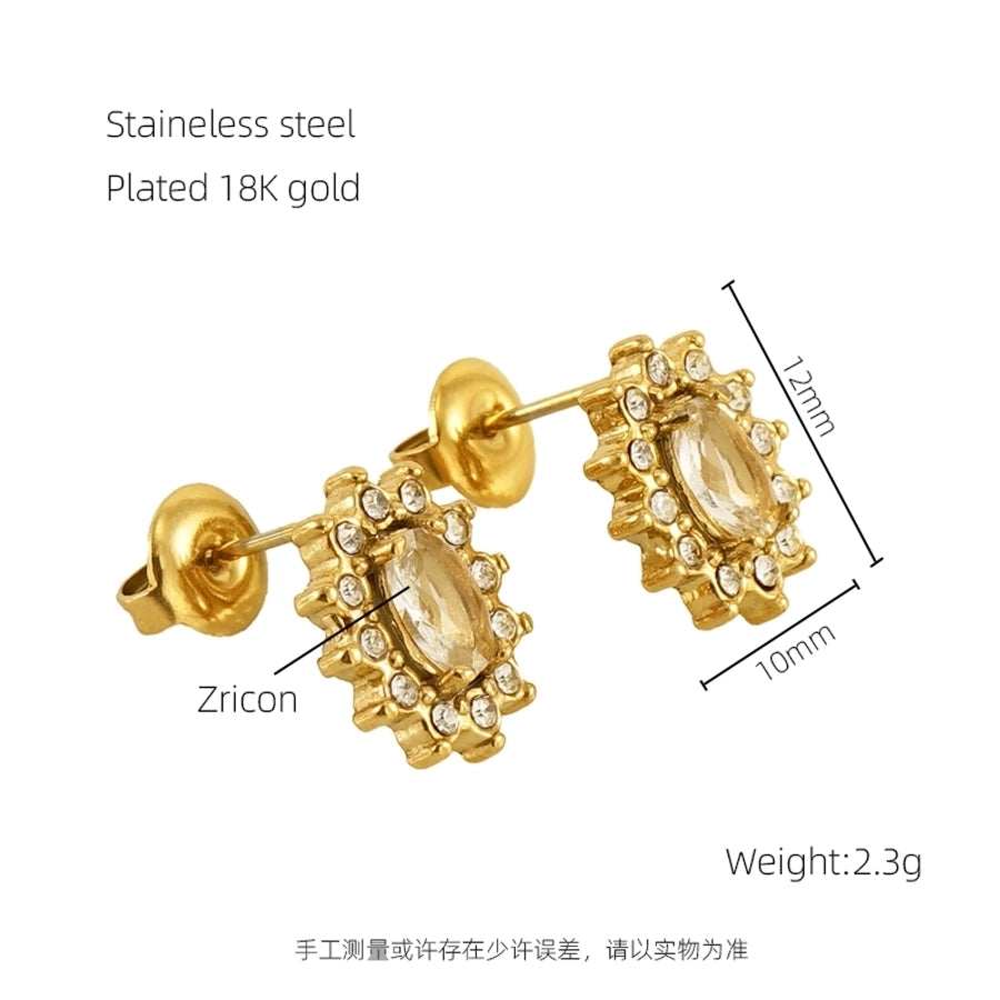 1 Pair Glam Sun Water Droplets Heart Shape Inlay Stainless Steel Rhinestones Zircon 18K Gold Plated Ear Studs