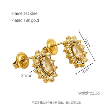 1 Pair Glam Sun Water Droplets Heart Shape Inlay Stainless Steel Rhinestones Zircon 18K Gold Plated Ear Studs