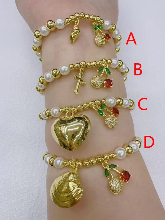 Jewelry Casual Vacation Simple Style Cross Cherry Conch Copper Zircon 18K Gold Plated Bracelets