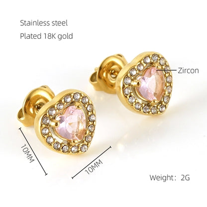 1 Pair Glam Sun Water Droplets Heart Shape Inlay Stainless Steel Rhinestones Zircon 18K Gold Plated Ear Studs