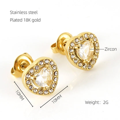 1 Pair Glam Sun Water Droplets Heart Shape Inlay Stainless Steel Rhinestones Zircon 18K Gold Plated Ear Studs