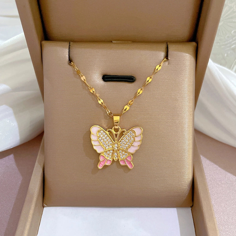 Fashion Heart Shape Butterfly Titanium Steel Copper Inlay Artificial Diamond Pendant Necklace