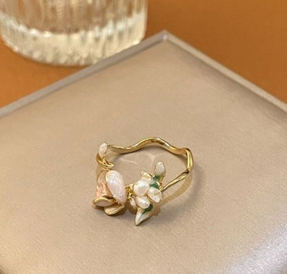 sweet flower metal plating inlay pearl zircon gold plated women's open ring