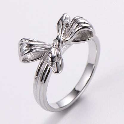 Stainless Steel 18K Gold Plated Fashion Inlay Hand Number Bow Knot Zircon Open Ring