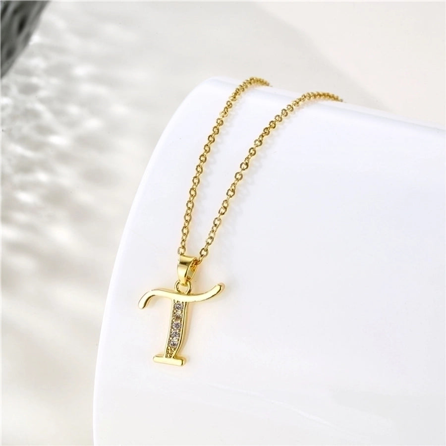 Stainless Steel Titanium Steel 18K Gold Plated Fashion Plating Inlay letter Zircon Pendant Necklace