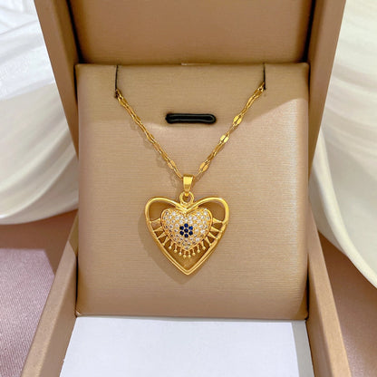 Fashion Heart Shape Butterfly Titanium Steel Copper Inlay Artificial Diamond Pendant Necklace