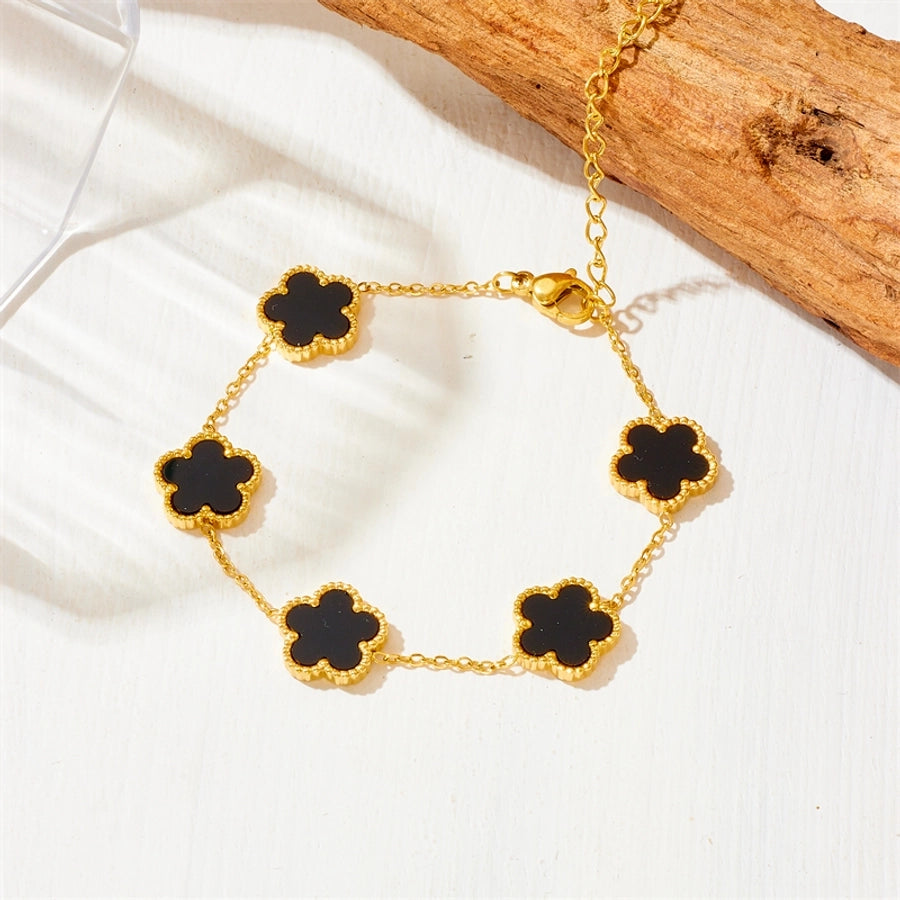 retro simple style flower titanium steel inlay artificial gemstones bracelets earrings necklace