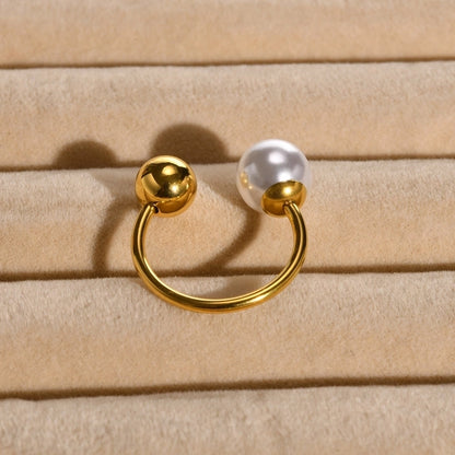 304 Stainless Steel 18K Gold Plated Vacation Plating Inlay Round Artificial Pearls Open Ring