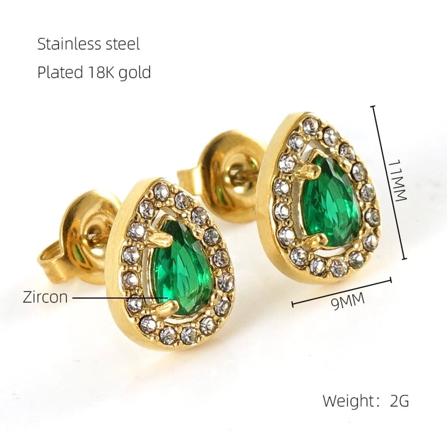 1 Pair Glam Sun Water Droplets Heart Shape Inlay Stainless Steel Rhinestones Zircon 18K Gold Plated Ear Studs