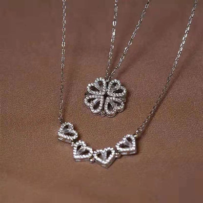 Jewelry Simple Style Four Leaf Clover Heart Shape Titanium Steel Rhinestones Hollow Out Inlay Necklace